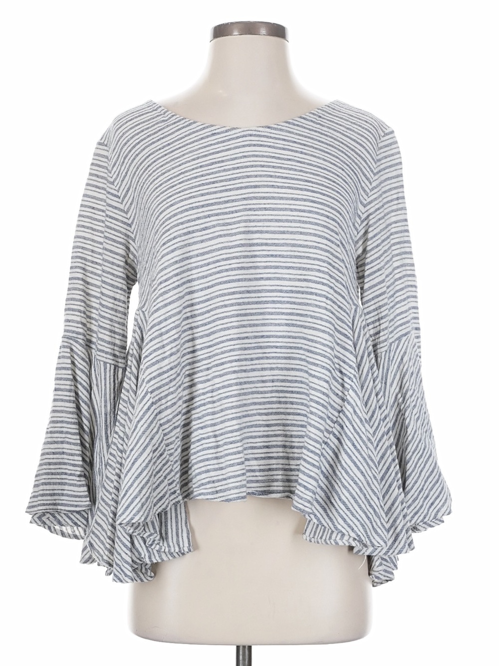 New: POL Gray White Flowy Striped Flared Lightweight Bell Sleeve Blouse• Small